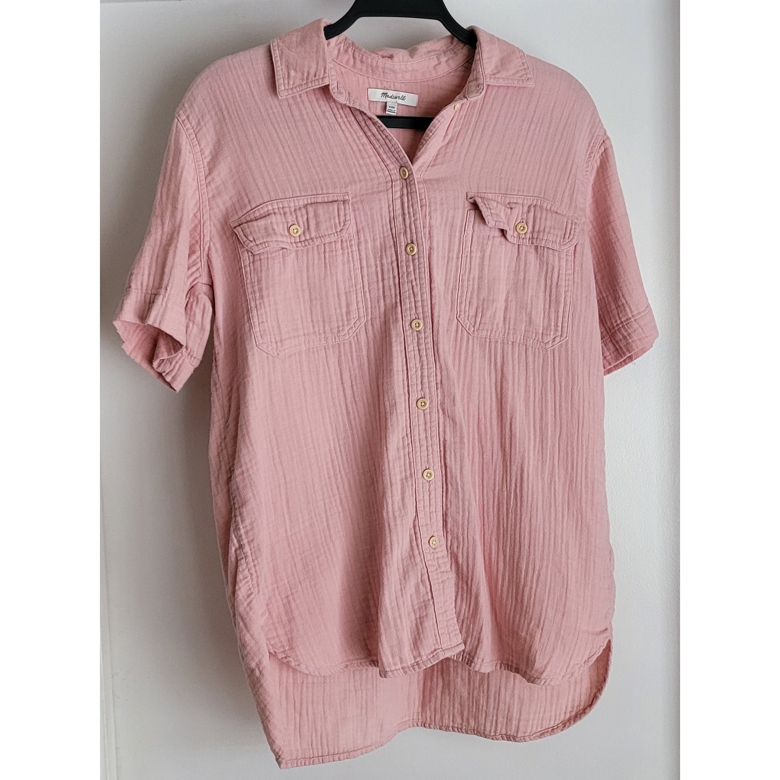Madewell Button-Up Shirt Women Xxs Pink 100% Cotton Short Sleeve Blouse Top